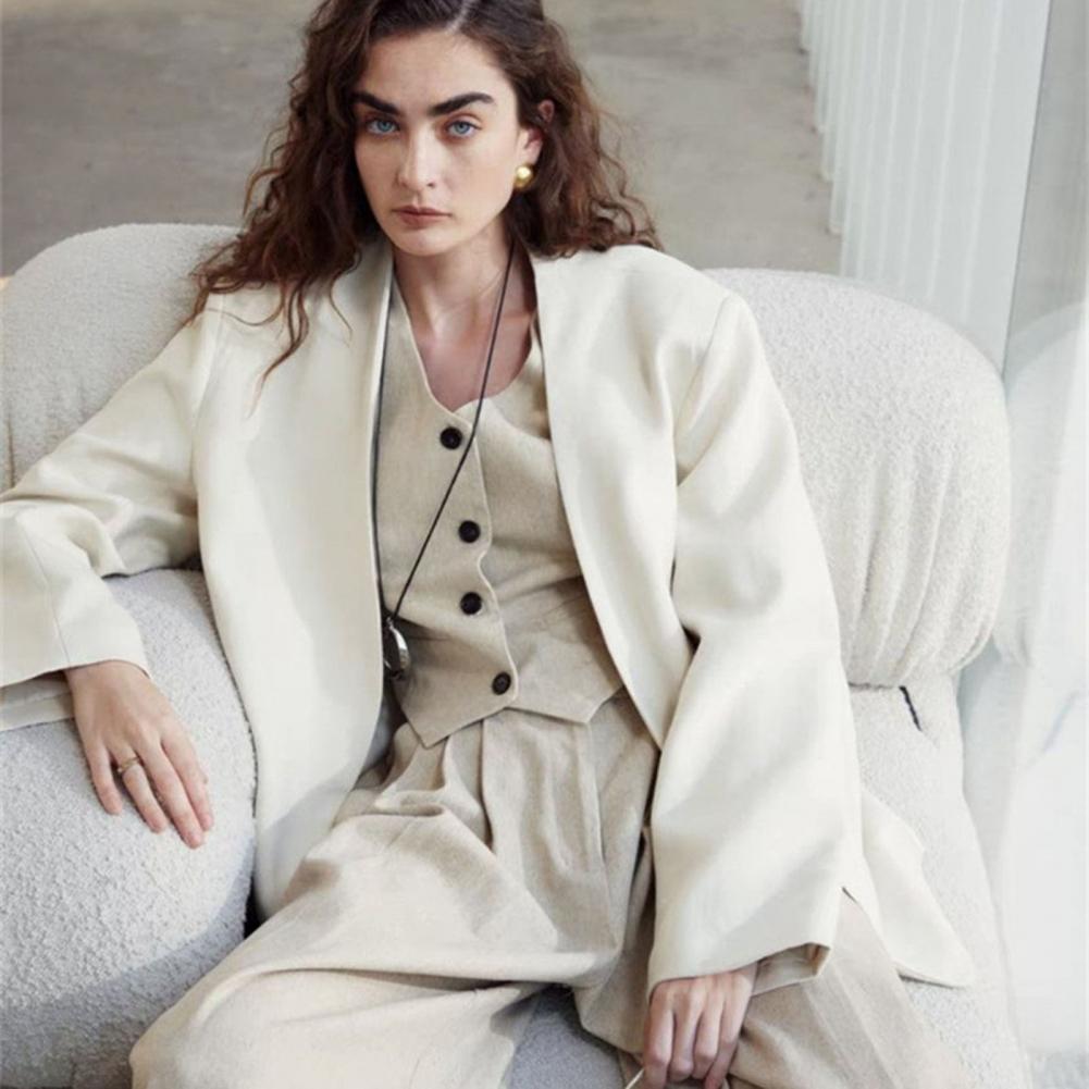 Women Suit Coat Collarless Long Sleeve Open Front Suit Jacket One Tone Relaxed Fit Fit Business Cardigan Office Formal Coat