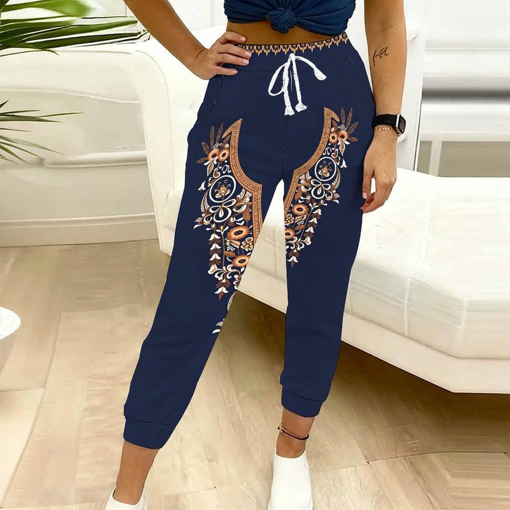 Summer Ladies Blue and White Porcelain Ink Wash Printed Sweatpants Loose Fit Drawstring Joggers Elastic Cuff Daily Casual Pants