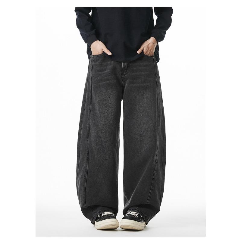 Men Loose Fit Washed Denim Jeans American Vintage Side Split Tapered Long Pants
