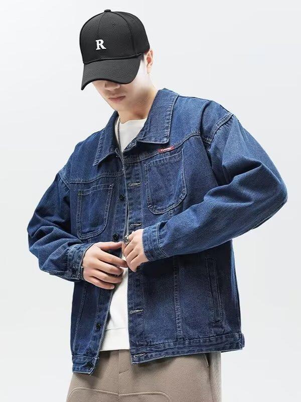 Men's Japanese Retro Denim Jacket - Turn-Down Collar, Loose Fit, American Street Style, Spring/Autumn Casual Workwear