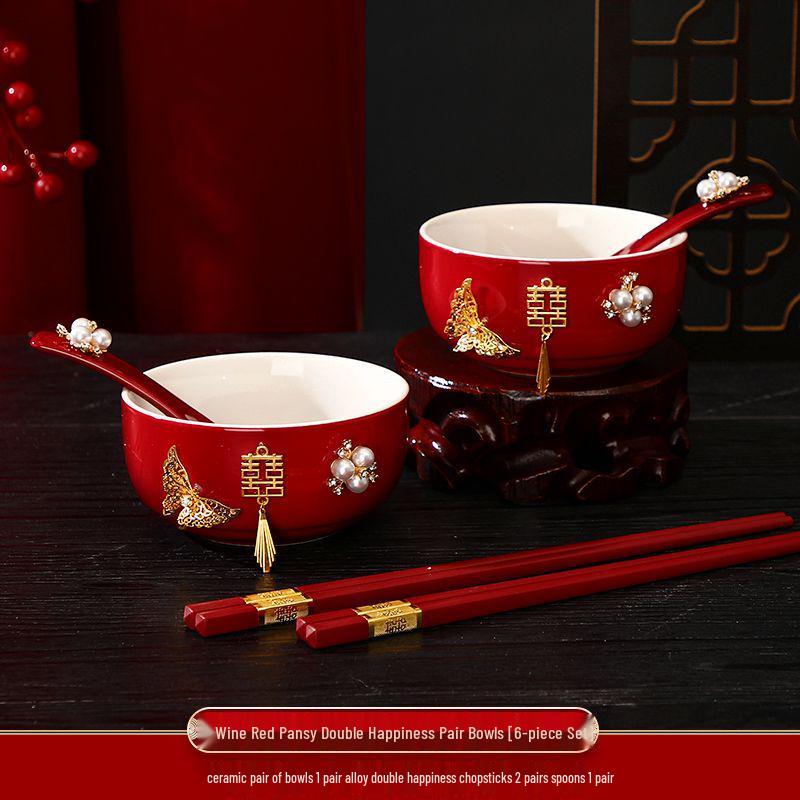 Double Happiness Butterfly Love Teacup Set: Wedding Bowls, Red Tea Set, Chopstick Pair, Dowry Gift