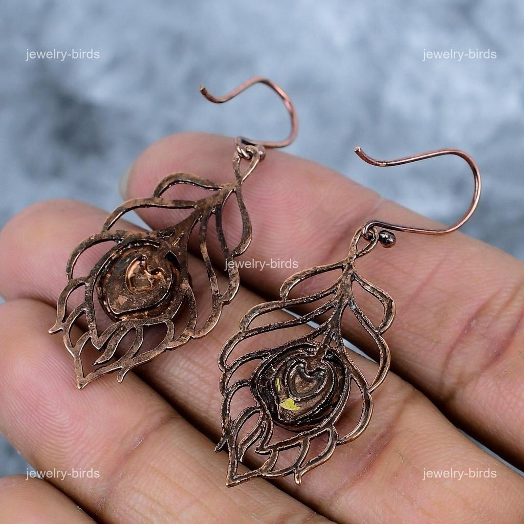 Crown Chakra Moonstone Gemstone Copper Electroformed Dangling Wedding Earrings VP-90