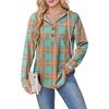 Women's V Neck Button Hooded Plaid Long Sleeve Pullover Sweatshirt, Europe America Fashion Casual Top for Crossborder