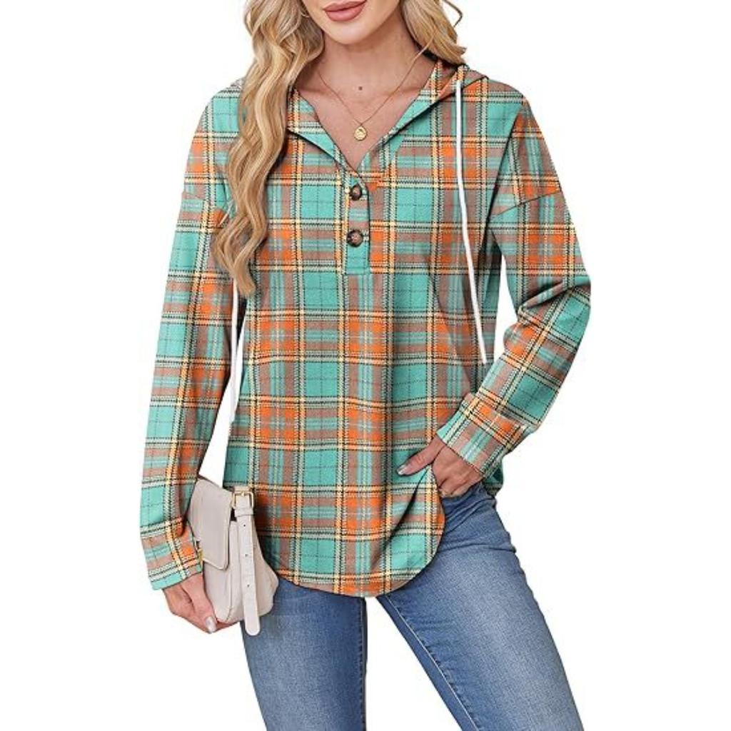 Women's V Neck Button Hooded Plaid Long Sleeve Pullover Sweatshirt, Europe America Fashion Casual Top for Crossborder
