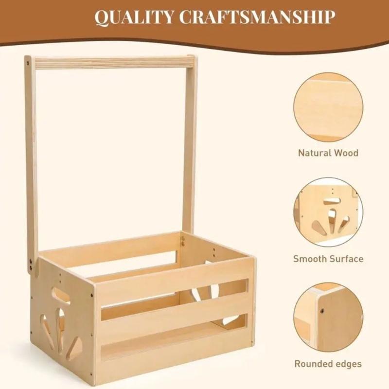 Handmade Baby Showers Wooden Organiser Basket Easy Assembly Wood Toy Storage Crate with Long Handle Christmas Gift