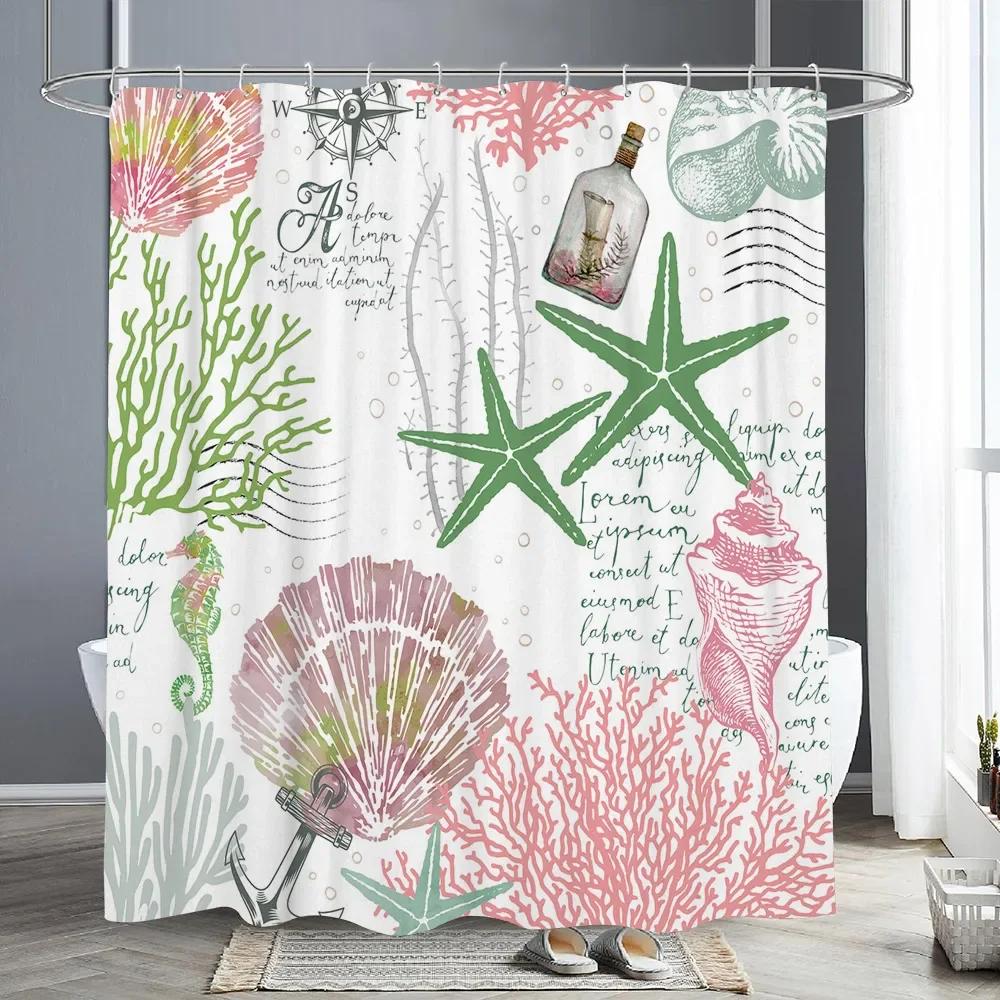 Nautical Starfish Seashell Coral Shower Curtain Ocean Themed Shower Curtains For Bathroom Polyester Fabric Coastal Bath Curtains