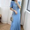 Elegant Contrasting Women Knit Maxi Dress Chic O-neck Short Sleeve Metal Buttons Bodycon Dresses Office Lady Commuting Robe