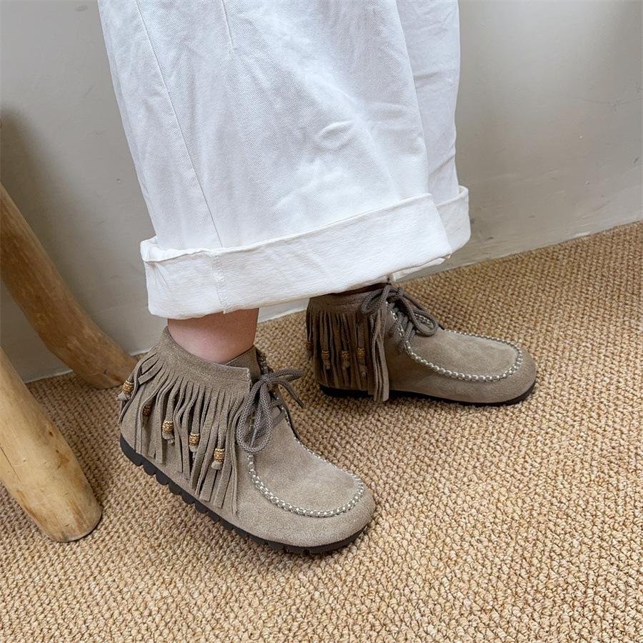 

Johnature Tassel Короткие ботинки ретро матовая натуральная кожа круглый носок мягкая подошва женские туфли 39 хаки