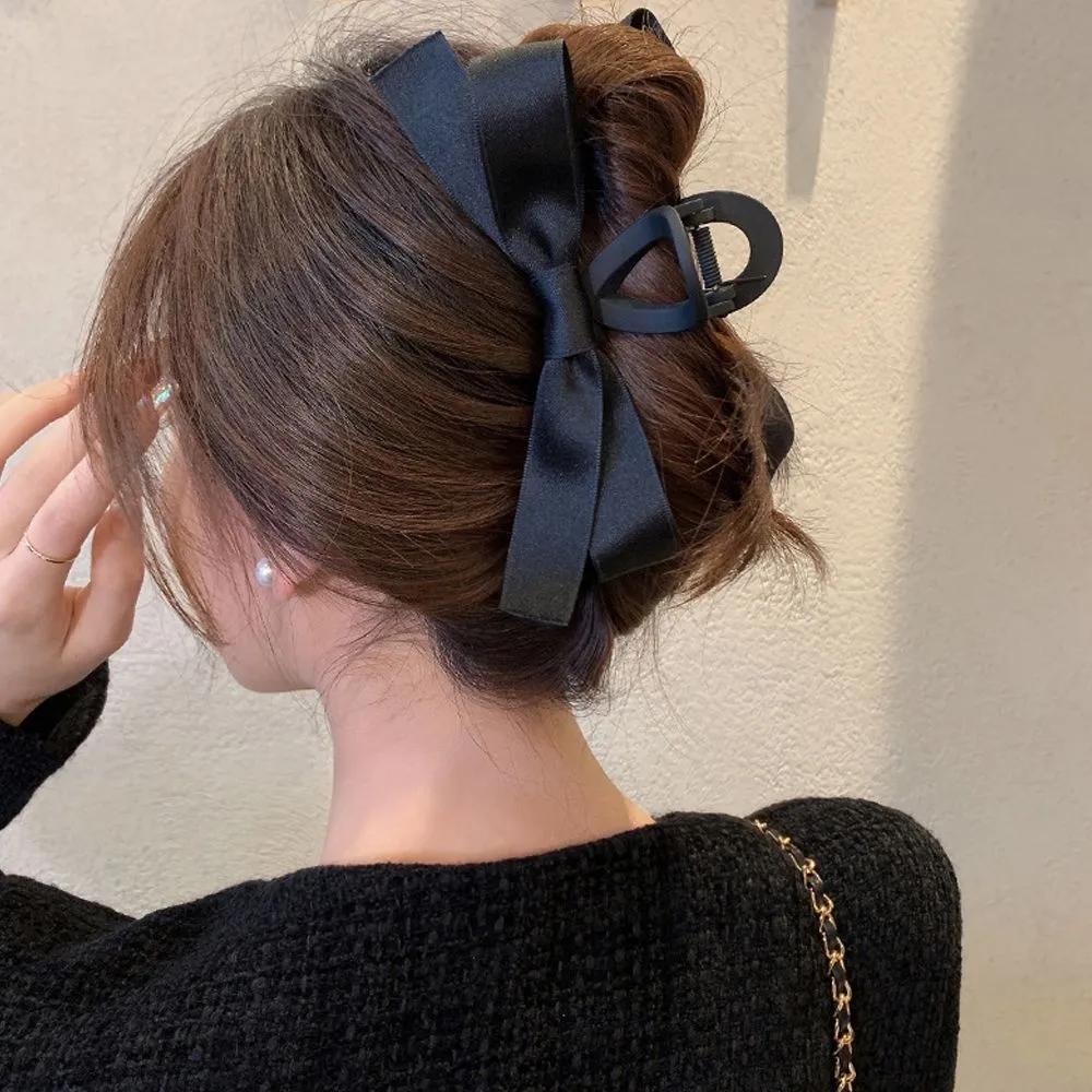 1+1 Women s Hair Claw Clip Double Ribbon Matte Glossy Hair Accessory MX60 Matte black