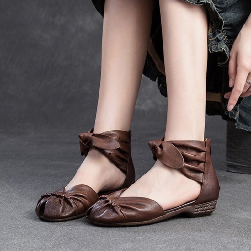 Johnature Genuine Leather Comfortable Breathable Sandals Peep Toe Low Heel Versatile Retro Women's Shoes