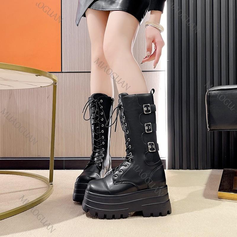 Fashion New Women's Roman Long Boots Autumn Winter Mid-calf Leather Punk Shoe Chunky Platform Casual Knight Boots High Heel Botas Mujer
