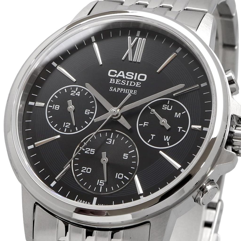 Casio BESIDE Quartz Men's Watch BMS-300D-1AV Sapphire Glass Stainless Steel Band Multi-Axis 24-Hour Display Black