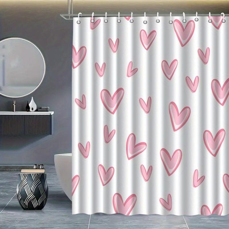 1Pc Pink Heart-Patterned Shower Curtain With Hooks, Polyester Fabric, Machine Washable, Suitable For Bathroom Decor.