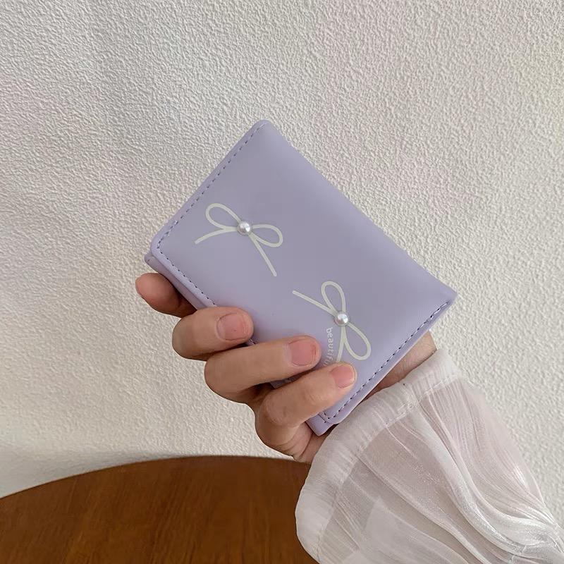 

Cute Bow Short Folding Wallet Korean Style Handheld Waterproof Money Bag Coin Purse Japanese Female PU Leather Photo Card Holder