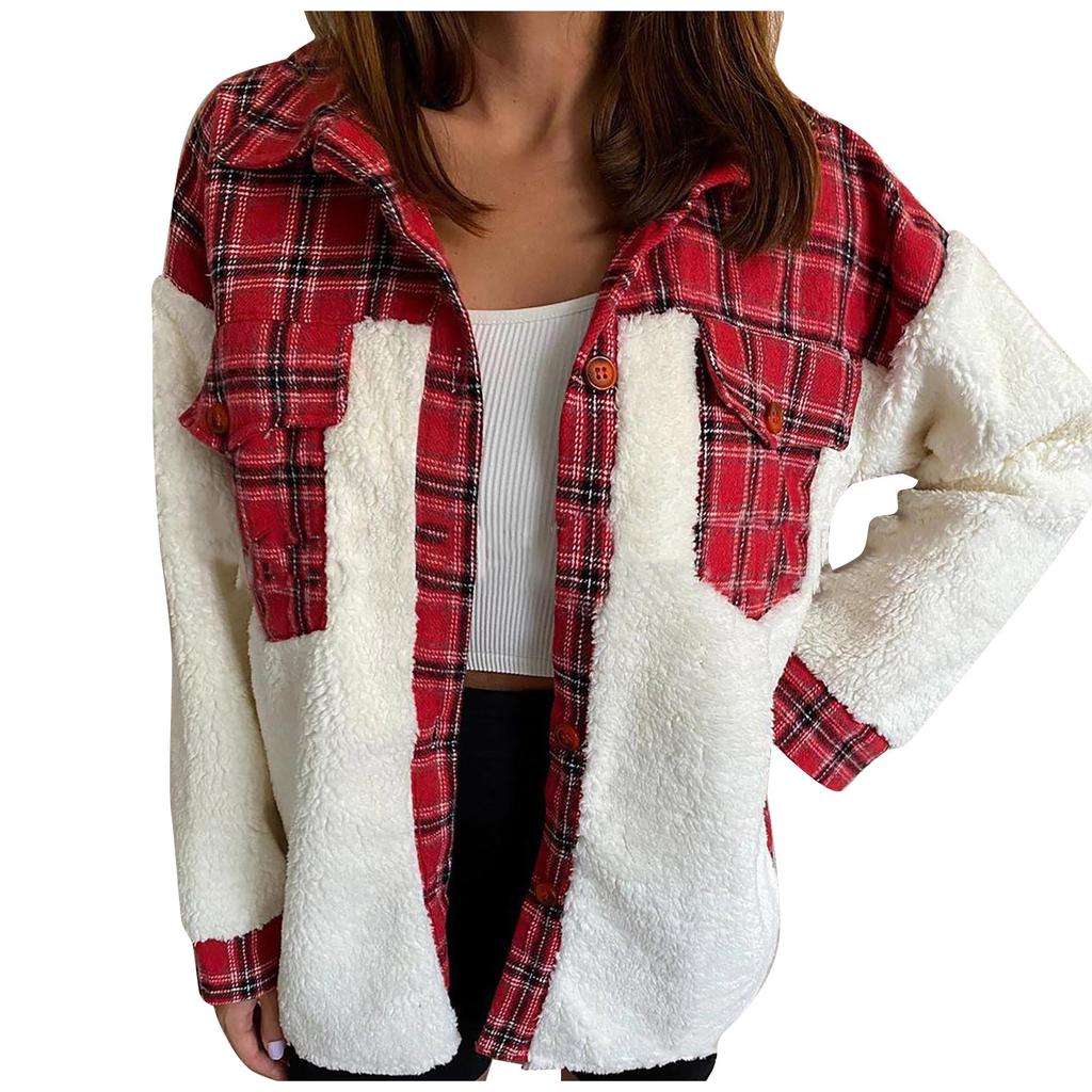 Women Winter Casual Fashion Classic Long Sleeve Lamb Wool Coat Plaid Coat