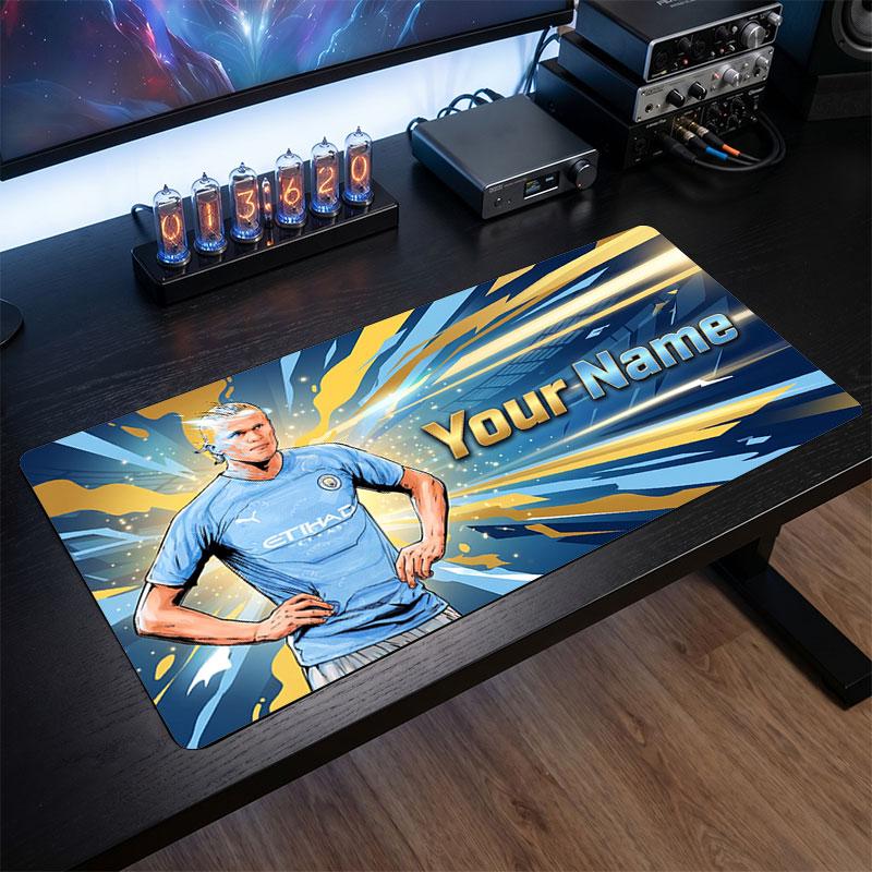 Erling Haaland Custom Large Mouse Pad, Personalized Name Text Print, Football Logo Non‑Slip Desk Mat Gaming Gift