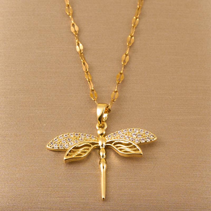 Trendy Gold Color Dragonfly Wings Necklaces For Women Stainless Steel Crystal Necklace Everyday Jewelry Gifts