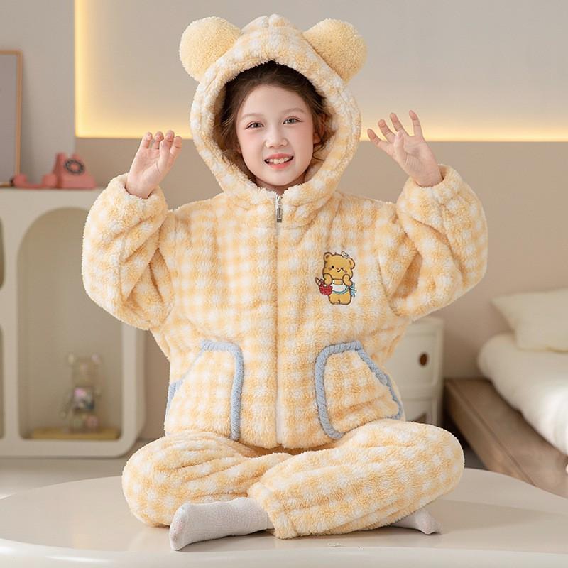 Girls Winter Warm Coral Fleece Hooded Pajama Set With Cat Print Thick Flannel Sleepwear Ages 8