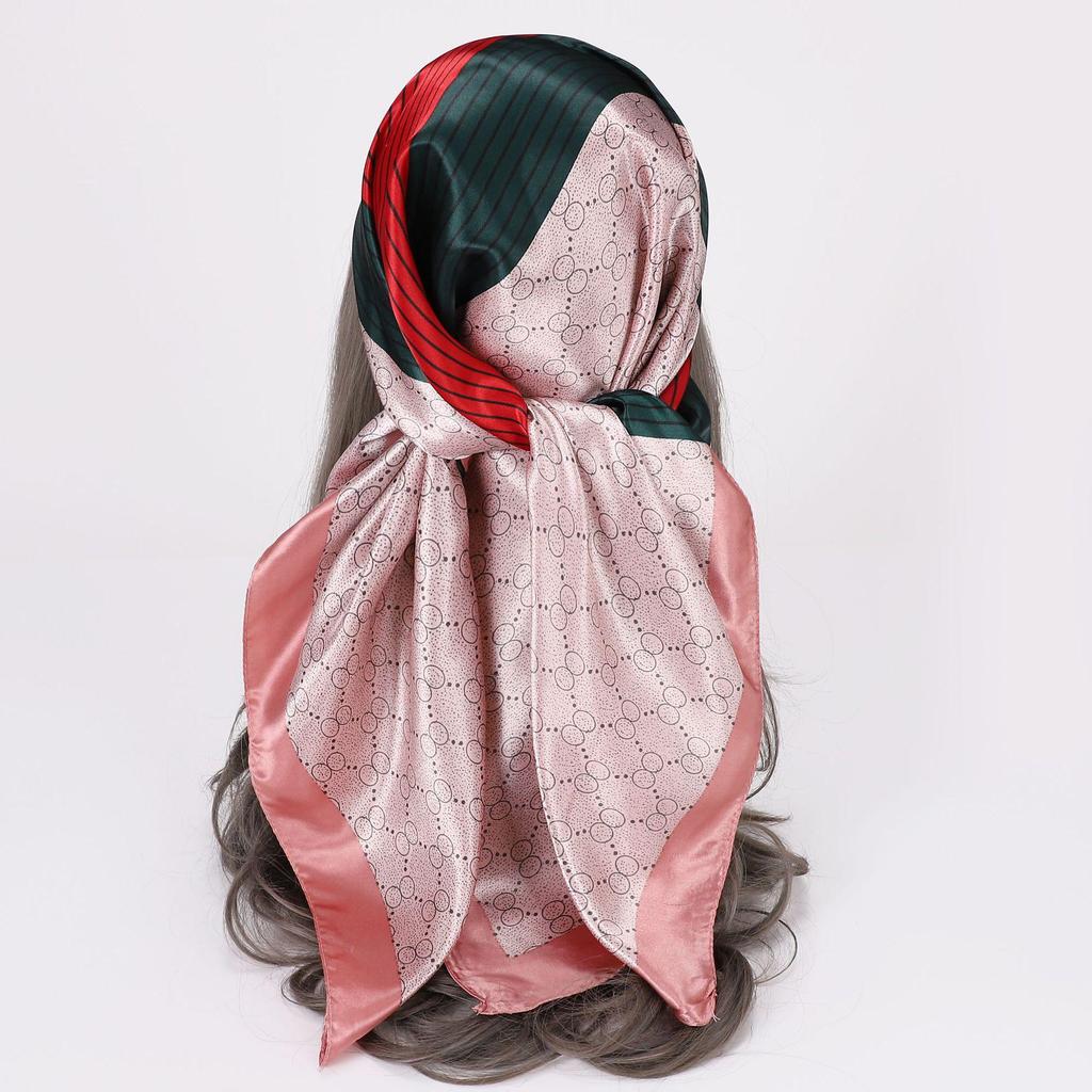90x90CM Imitation Silk Square Scarf – Women's Striped Color Block Shawl, European & American Style