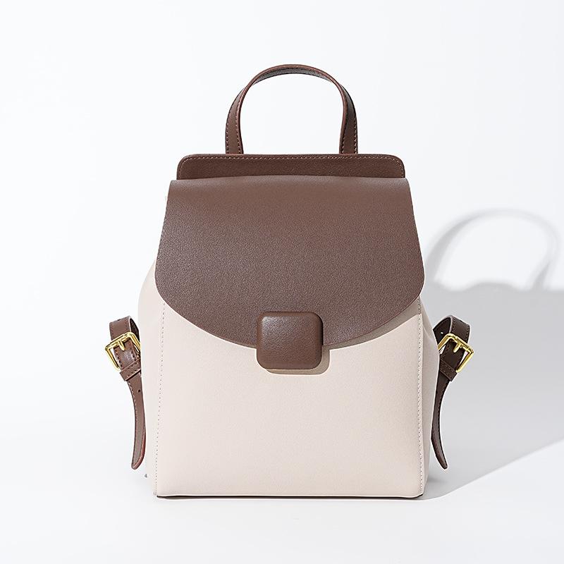 Summer new contrasting color backpack, large-capacity high-end leather backpack, women's small backpack
