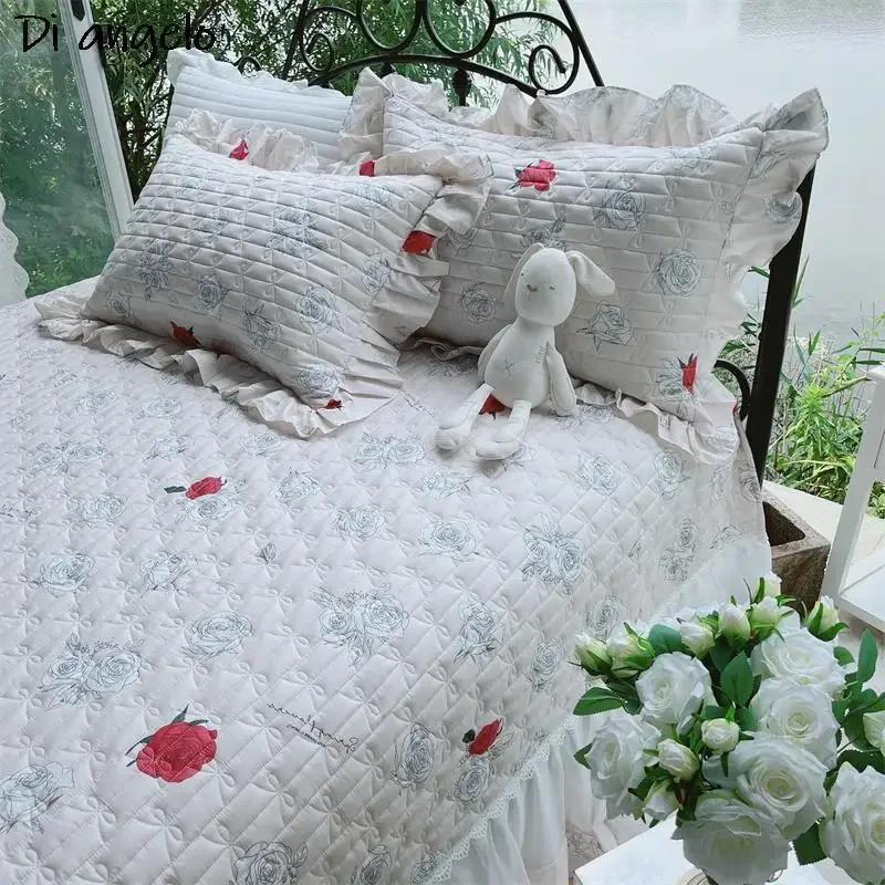 European Style Cotton Floral Wrap Around Ruffle Lace Bed Skirt Sheet Pillowcase Thickened Bed Cover Cotton Quilted Bedspread #/