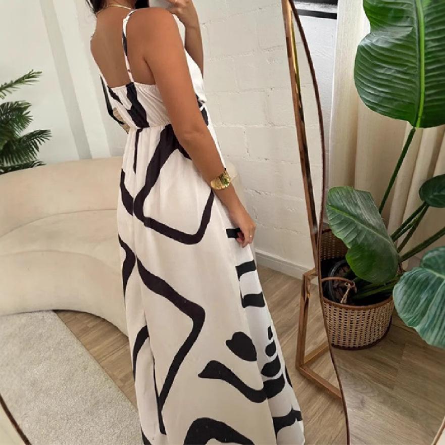 New Fashionable And Sexy Slit Print Suspender Sleeveless Dress