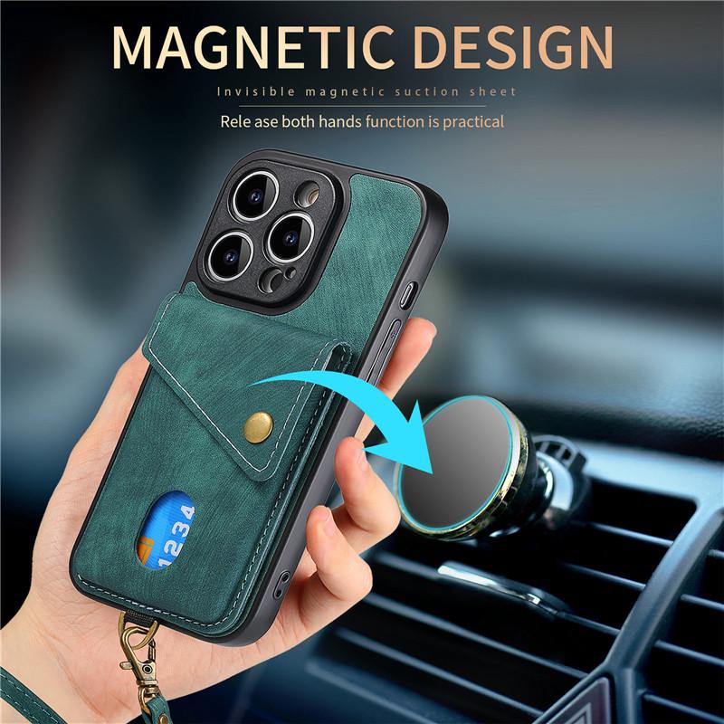 Lanyard Leather Wallet Card Phone Case for iPhone 14 Plus 13 12 11 SE 2022 X XR XS Max 8 7 6 for Samsung Galaxy S23 Ultra S22 S21 A54 A34 Flip Cover