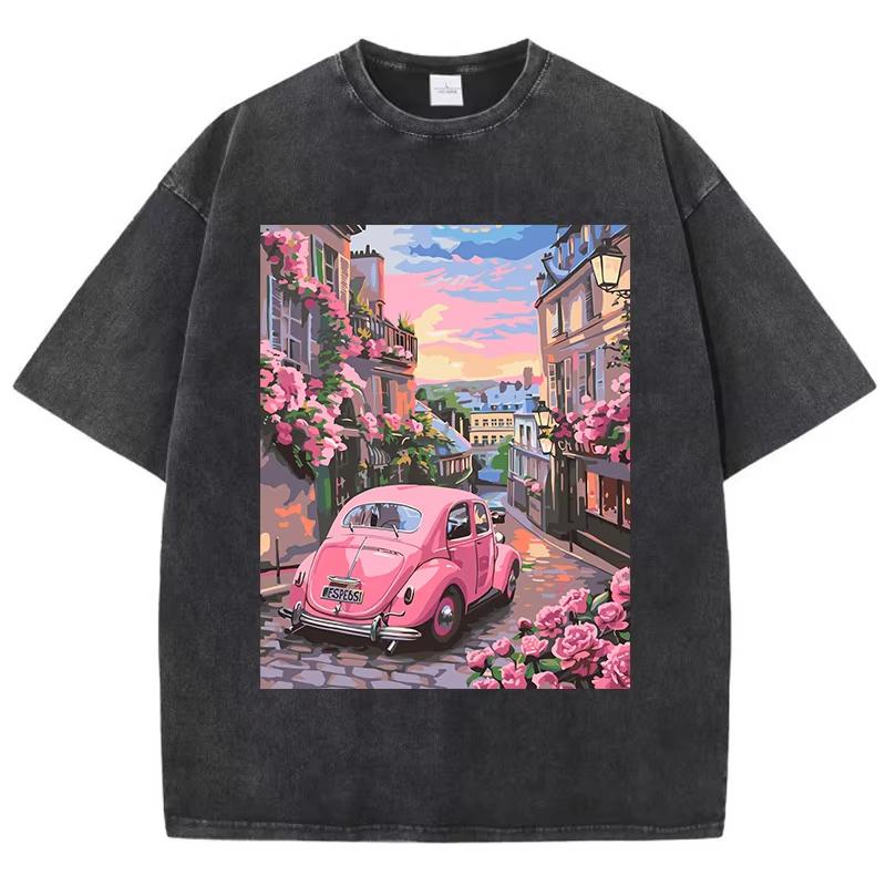 

Pink Street Car Printing Washed T-Shirts Womens Cotton Tops O-Neck Comfortable Distressed Streetwear Summer Woman Clothes 3XL