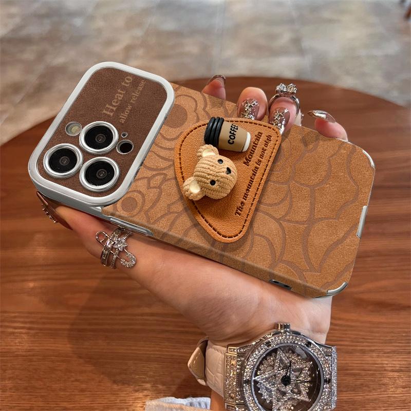 Coffee Bear Tripod Is Suitable for Apple 16 Large Window Phone Cases, 15PM Electroplated Suede 14 Shockproof XR