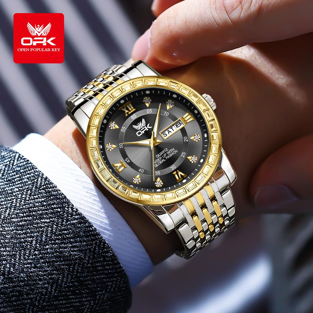 OPK 8174 Diamond Studded Dual Calendar Men's Quartz Watch