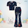Girls White Round Neck Short Sleeve Star Printed Top Flared Pants Two Piece Set