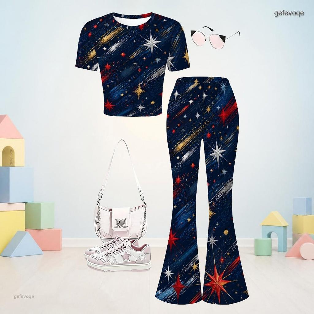 Girls White Round Neck Short Sleeve Star Printed Top Flared Pants Two Piece Set