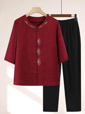 Embroidered Mid-Sleeve Tang Style Shirt for Women - Stylish Summer Top for Middle-Aged and Elderly