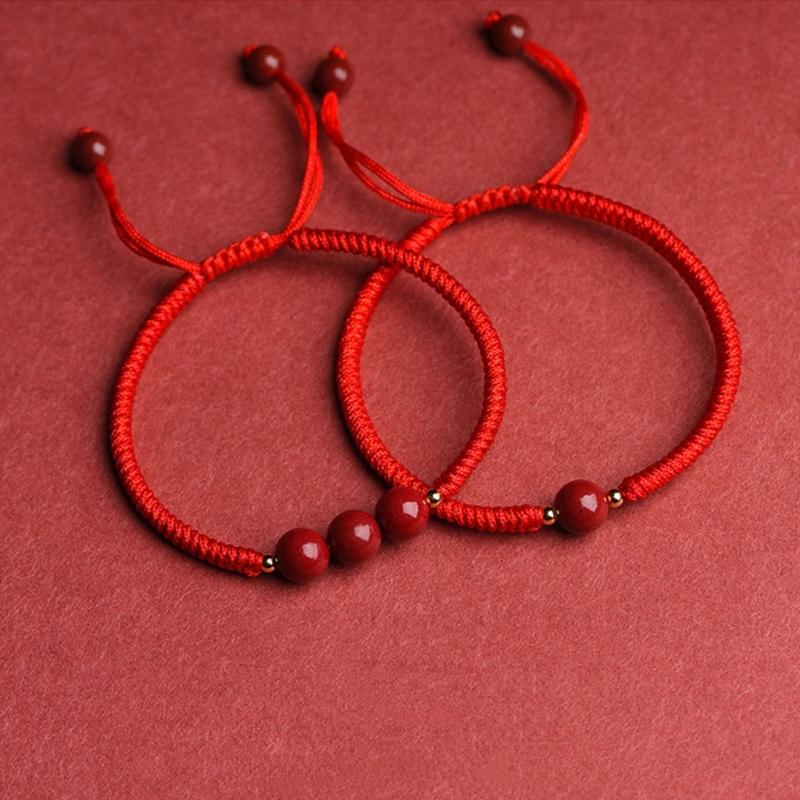 Chinese Red Woven Bracelet Handmade Round Bead Wrist Bangle Adjustable Red Rope Hand Link Chain for Luck and Fortune