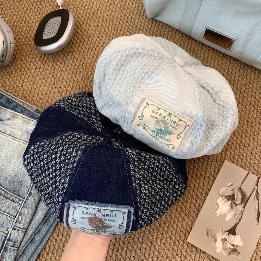 Y2k Denim Berets Korean Painter Cap Retro Patch Splicing Beret  Streetwear