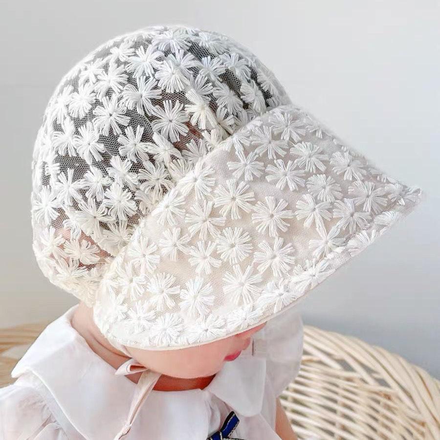 Newborn Lace Bonnet Embroidered Flower Princess Hat for Infant Girl Boy Sweet Large Brim Sun Visor Hats