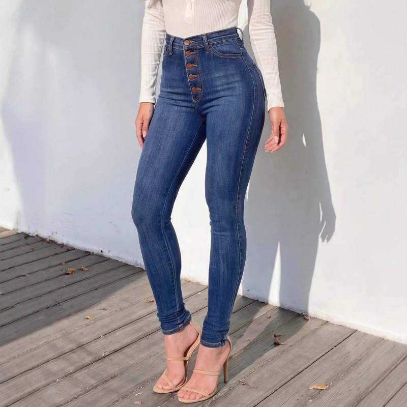 High Waist Stretch Denim Pants Women Slim Fit Pencil Jeans With Button Fly Elasticity Casual Office Wear