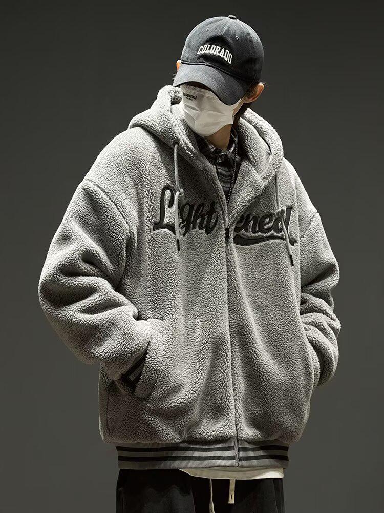 

Мужское кашемировое пальто-свитер 2024 года: Осень/Зима Толстая хлопковая куртка с капюшоном, на плюшевой подкладке, теплая и непродуваемая для подростков Large серый