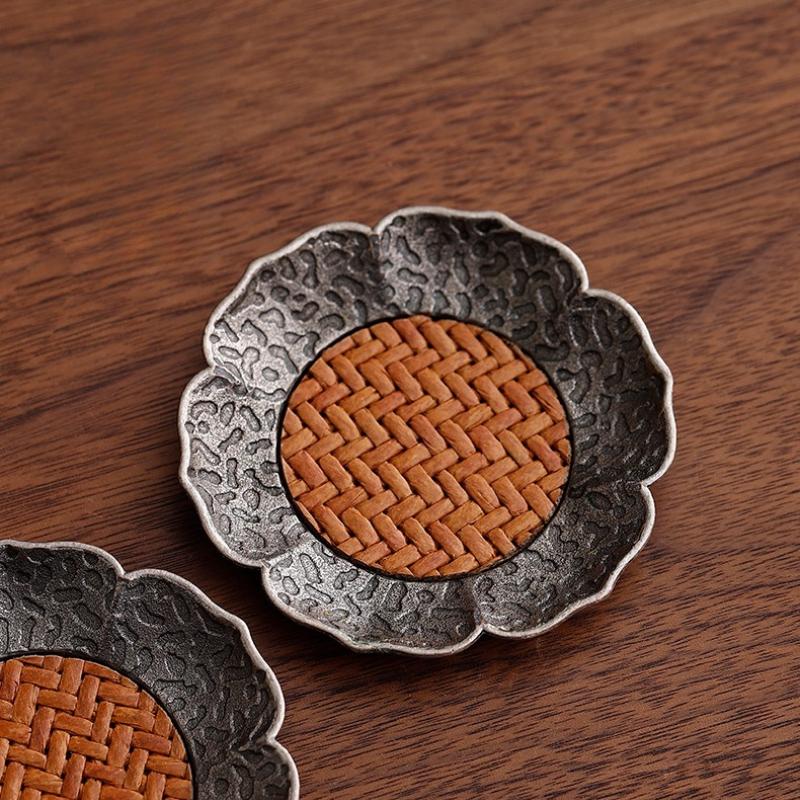 Antique silver alloy teacup pad, bamboo mat, thermal insulation teacup, cup holder, tea saucer, kung fu tea set accessories
