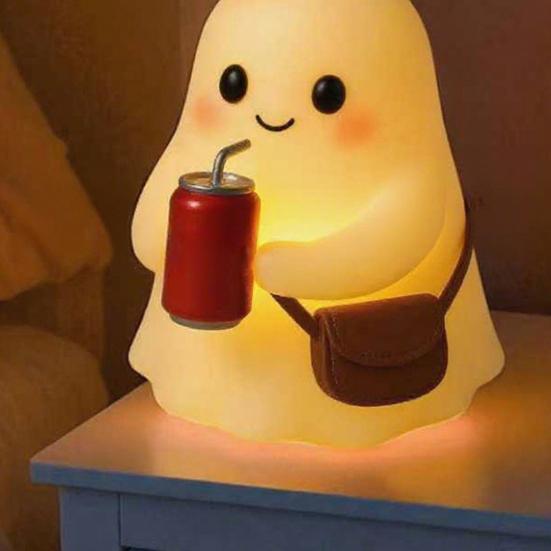 Niedliche Gespensterlampe Harzgespenst mit Tasse Nachtlicht Halloween Schreibtischdeko für Schlafzimmer Wohnzimmer Innenraumdekoration