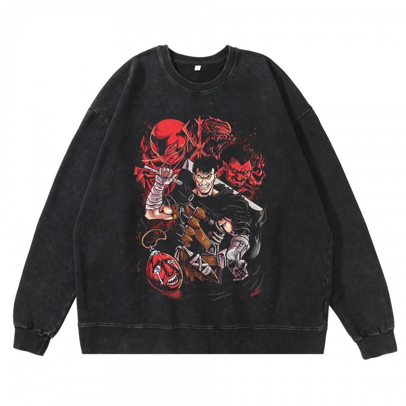 Heavyweight 360g Washed Vintage Berserk Anime Streetwear Cotton Pullover Hoodie-Free Crewneck Sweatshirt Men