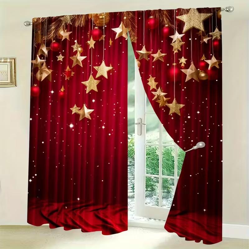 2pcs Red & Gold Star Christmas Curtains Glittery Design Polyester Window Decor for Holiday Living Room Bedroom Rod Pocket Curtai