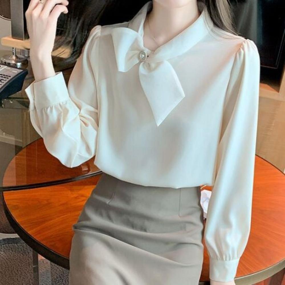Navava Women Simple Ribbon Neck Long Sleeve Blouse Nb3053
