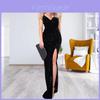 Vestido Sexy Feminino com Decote V Festa Lantejoula Sem Mangas Vestido de Noite Fenda Sereia
