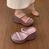 French fairy style thick-soled heightened one-word slippers for women's summer wear 2025 new simple satin thick-heeled sandals