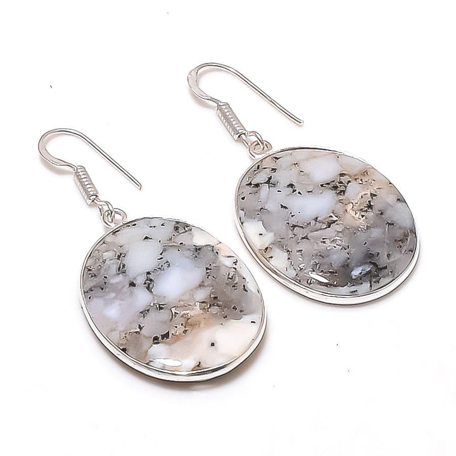 Natural Dendrite Opal Gemstone Handmade 925 Sterling Silver Earring 1.89" AE-11527