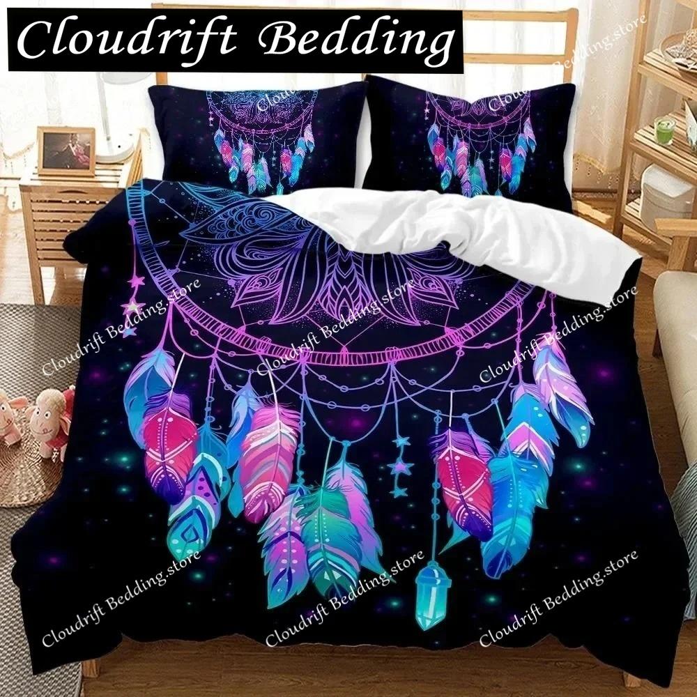 3D Print Dream Catcher Duvet Cover Feather Purple Dream Catcher Bedding Symbol Exotic Polyester Double Queen King Quilt Cover