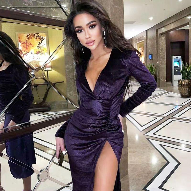 Banquet V-neck Slim-Fit Long Sleeve Dress Evening Dress
