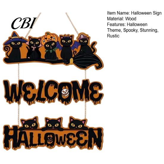 Elegant Natural Wood Sign Halloween Wooden Door Sign, Black Cats Broom Front Hanger, Rustic Hanging Welcome for Home Window Wall Party Decor