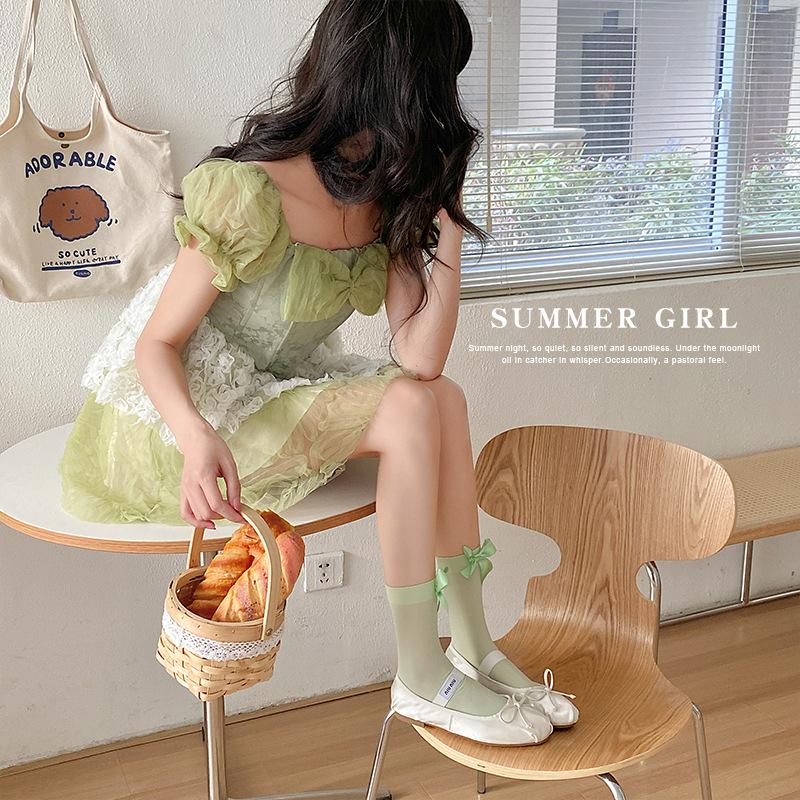 Bow Socks Spring/Summer Thin Mid-calf Socks Velvet Ice Silk Candy-colored Dui Dui Lolita Thigh-high Socks